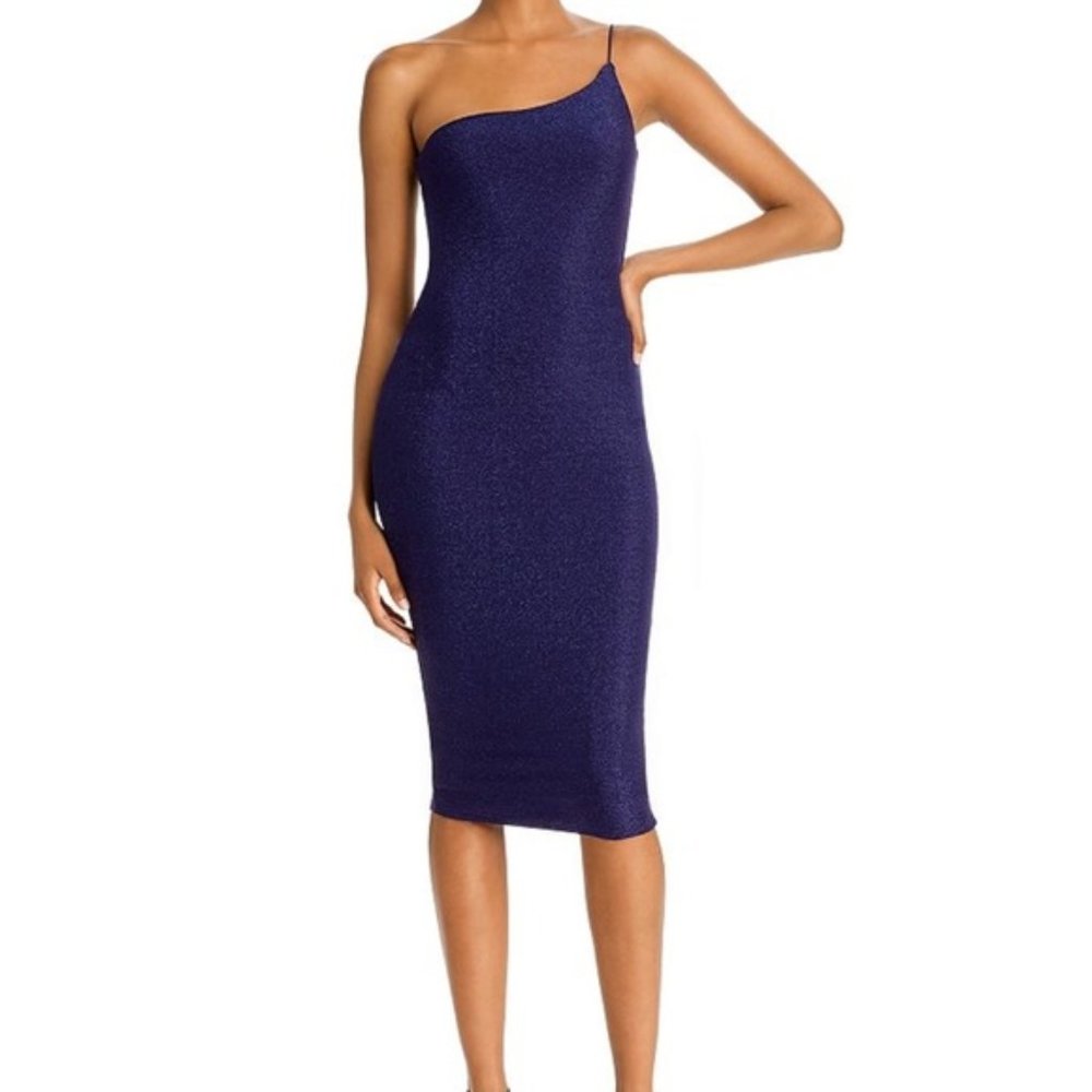 One shoulder Nookie navy blue shimmer Penelope dress XS NWT